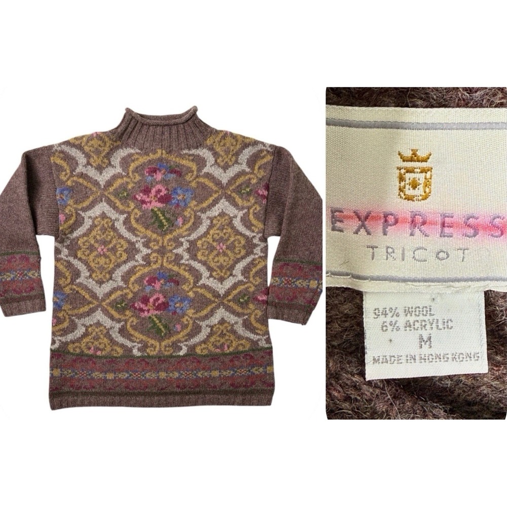 Vtg Express Tricot Wool Tapestry Sweater Women M Brown Floral Mock Neck 80s 90s